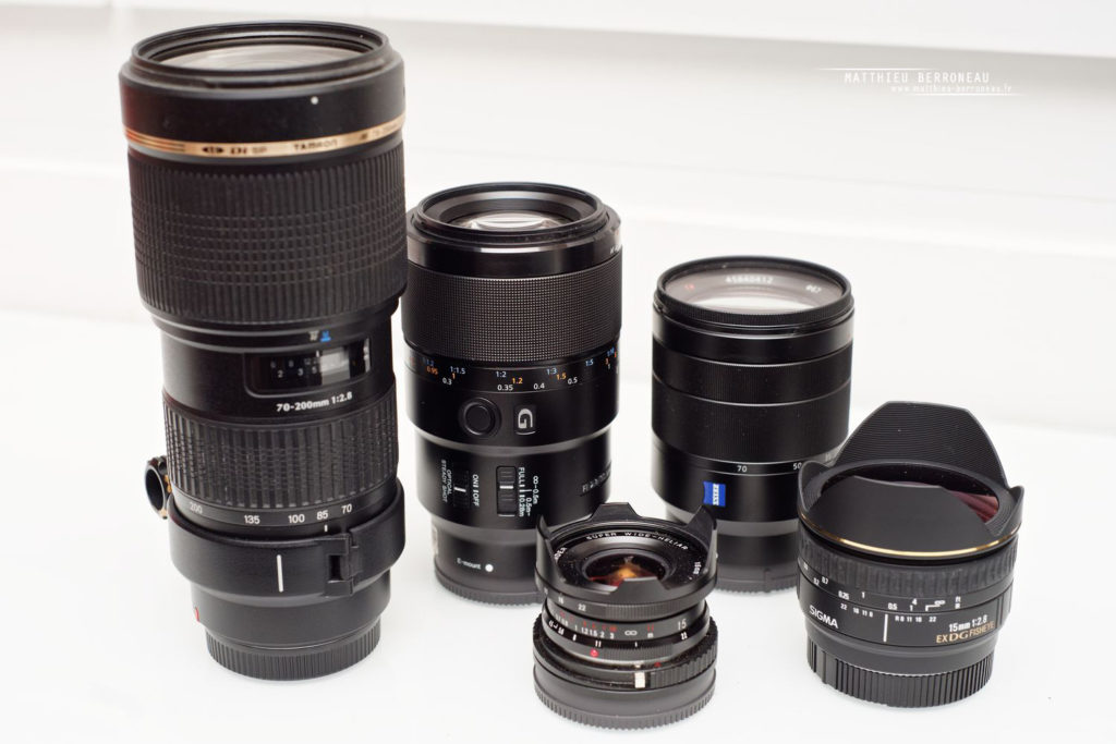 De gauche à droite : Tamron 70-200f2.8, Sony 90f2.8, Voigtlander 15f4.5, Sony Zeiss 24-70f4, sigma fisheye 15f2.8